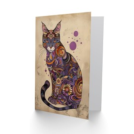 Artery8 Abyssinian Cat Lover Purple Orange Pattern Folk Art For Her Woman Birthday Card