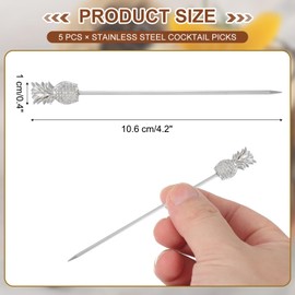 sourcing map 5 Pcs Stainless Steel Cocktail Picks, 4.2 Inch Martini Picks Fruit Sticks Metal Skewers Reusable for Drinks Olives Appetizers Fruit Decorative, Silver (Pineapple)