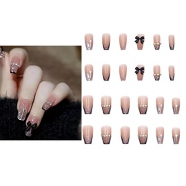 HSYTEK Press on Nails French Tip Fake Nails, Medium Length Rhinestone Pink Nails for Sticking, Full Coverage, Soft Gel Tips, Artificial Nails, Pack of 24