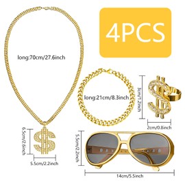 4 Piece Dollar Chain Set, Gold Chain Men, Costume, Rapper Gold Chain Costume, Hiphop Costume Set, Dollar Sign Necklace Rings Sunglasses Gold Chain Carnival for 70s, 80s, 90s, a