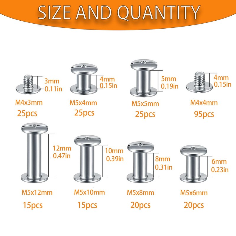 Chicago Screws Kit,SpzcdZa 120sets 6 Sizes Screw Rivets Silver Chicago