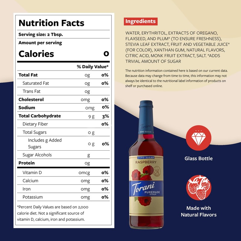 Torani Zero Sugar Puremade Syrup, Raspberry Flavoring for Drinks, Glass