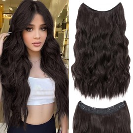 MY-LADY Invisible Wire Hair Extensions with Transparent Headband Adjustable Size 4 Secure Clips in Hair Extensions Long Wavy Synthetic Hairpiece for Women 20 Inch Dark Brown