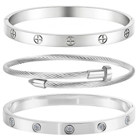 Celekeynor Stackable Silver Bracelets Set for Women, 3 Pcs Stainless Steel Bangle Bracelet Collection, Layered Non Tarnish Jewelry, Hypoallergenic Trendy Bracelets, Birthday Gifts for Women