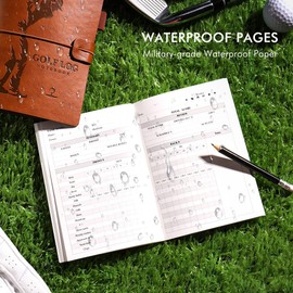 Golf Scorecard Book with Pencil - Waterproof Leather Cover & Inner Pages, 4.5×6" Pocket Golf Scorecard Notebook with Terminology Guide, Includes FIR/GIR Stats Sheets, 18-Hole Tracker