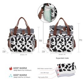 MEYTEILAY Lunch Bag for Women Men Expandable Double Deck Lunch Box Large Lunch Bags Leakproof Insulated Reusable Lunch Cooler Bag（Cow Print）