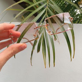 VIA LEECA Rimless Rectangle Sunglasses for Women Men Tinted Frameless Square Glasses Vintage Transparent Eyewear (light grey+pink+blue)