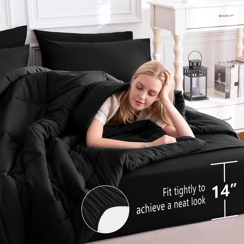 CozyLux Full Size Comforter Sets Black, 7 Pieces Bed in