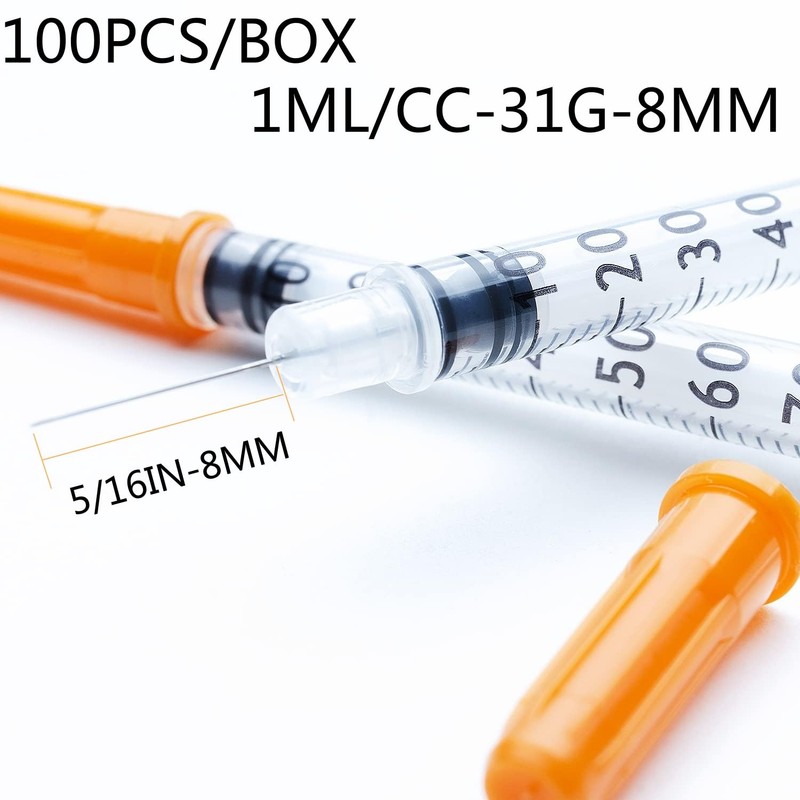 100 Pack 1ml Lab Measuring Tool with 31G 5/16 Inch(8mm),