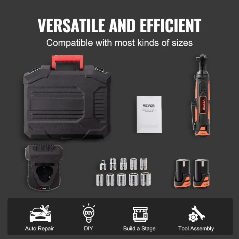 VEVOR 3/8" Cordless Electric Ratchet Wrench Set, 12V 33 Ft-lbs