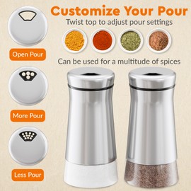 HOME EC Original Salt and Pepper Shakers Set with Adjustable Pour Holes - Glass and Stainless Steel Salt Shaker and Pepper Shaker - Farmhouse Spice dispenser for salts, ground peppercorn and spices