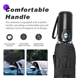 BSDYCL Umbrella Windproof Strong,with Vented Double Canopy - Compact Umbrella for wind and rain,Folding Travel Umbrella 10 Ribs, Auto Open/Close, 190T Waterproof Fabric,Leather handle