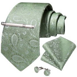 DiBanGu Mens Paisley Tie Formal Silk Tie & Pocket Square Cufflinks Tie Clip for Wedding Party Prom, sage green paisley