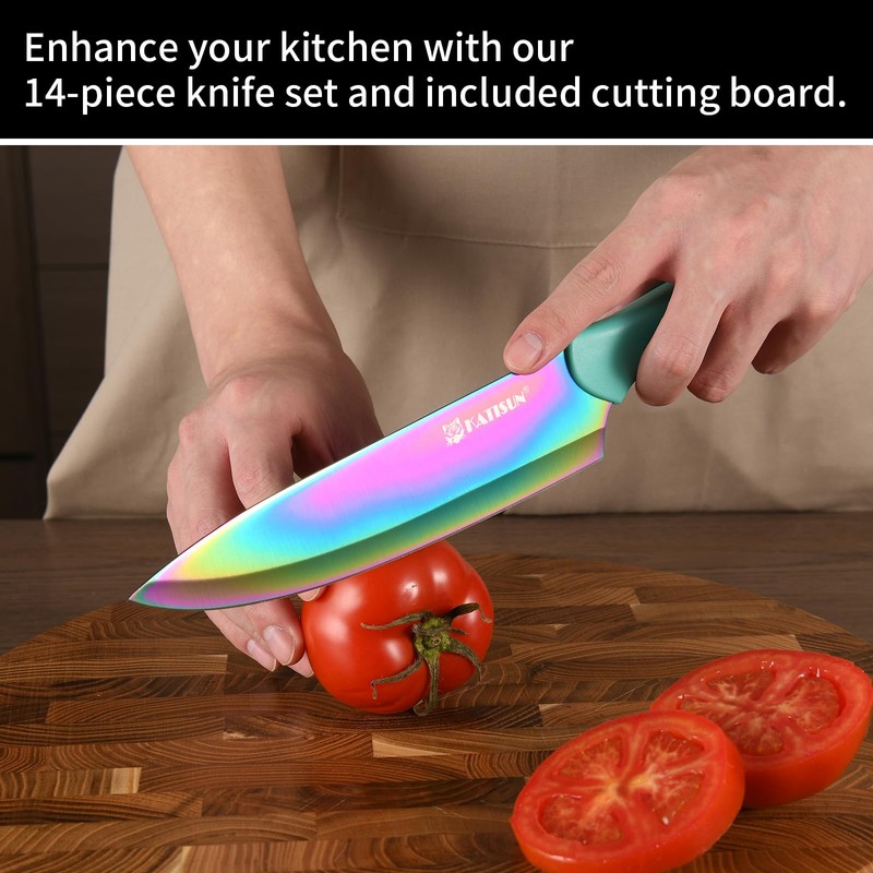 Kitchen Knife Set with Block, 14 Piece Rainbow Titanium Coated