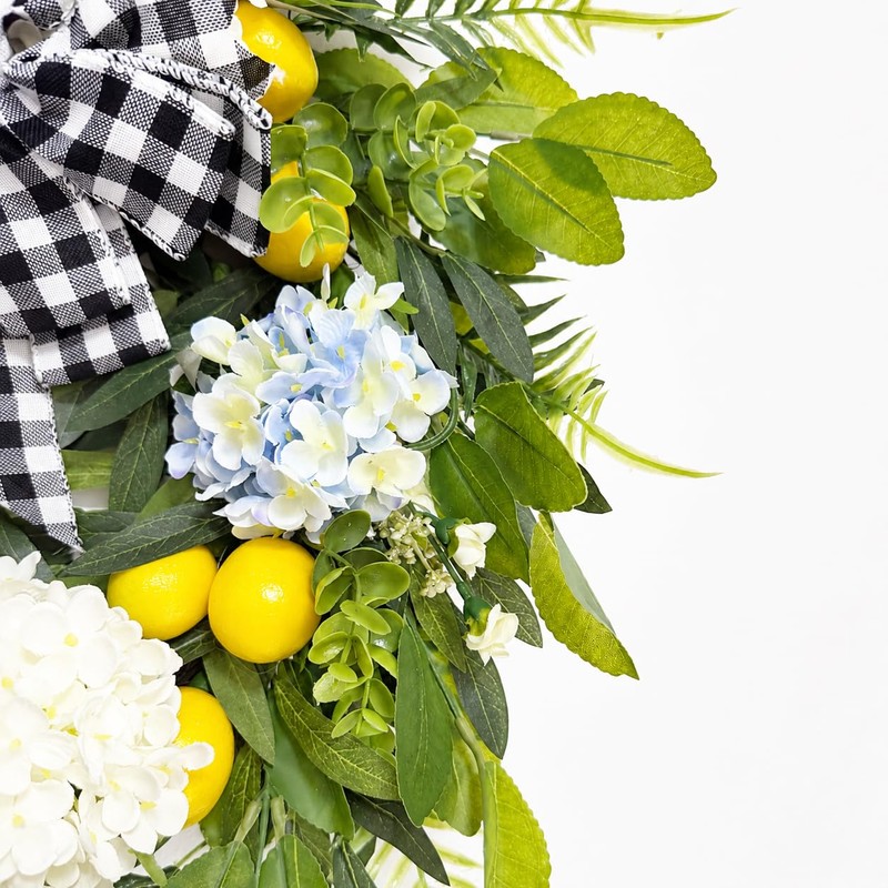 Spring Lemon Wreath for Front Door, 22 Inch Farmhouse Hydrangea