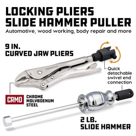 Powerbuilt Slide Hammer Locking Pliers Set, 9 inch Locking Pliers, Sturdy 2 Pound Slide Hammer with a Quick Release Swiveling Coupler, Quick Connect Flex Joint Connection - 645044