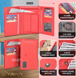 LEVOGUE VALENCHI Wallet For Women - Small Leather Women's Wallet - Ladies Hand Clutch Zipper Purse - Travel - Credit Card Holder (Red-Rosso)