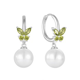 Rocayi Pearl Hoop Huggie Earrings 925 Sterling Silver Butterfly Drop Dangle Earrings August Birthstone Earrings Peridot Jewelry for Women