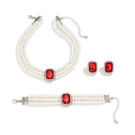Cubahop Wedding Bride Pearl Gemstone Necklace Bracelets and Earring Set Crystal Necklace Party Wedding Jewelry Sets for Women and Girls (Red)