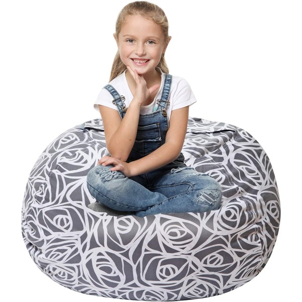 5 STARS UNITED Kids Bean Bag - COVER ONLY - Stuffed Animal Storage - Beanbag Chairs for Kids - 90+ Teddy Plush Toys Holder and Organiser for Boys and Girls - 100% Cotton Canvas - Grey Roses