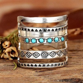 hsiyyecg Vintage Boho Ethnic Exaggerated Openwork Rings,Turquoise Wide Statement Western Jewelry for Women Girls,Silver Plated Big Band Wrap Finger Rings(9)