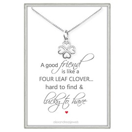 Tiny and Dainty Sterling Silver Four Leaf Clover Necklace for Women, Good Luck Charm Necklace, Best Friend Gift, Silver Shamrock Necklace (14 inches with 2-in extender)
