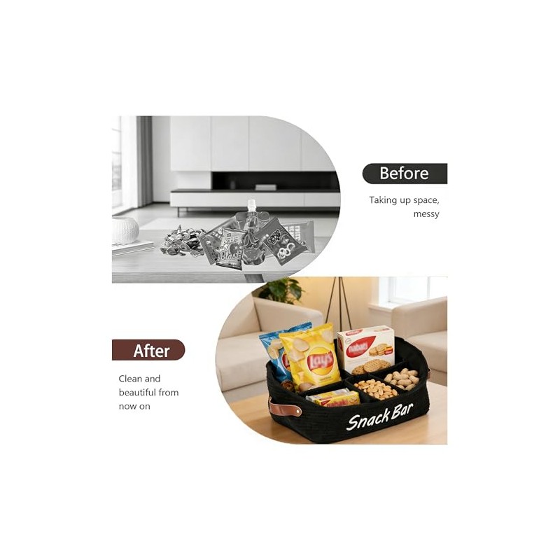 Fabric Snack Organiser with Handles and 5 Compartments in Black