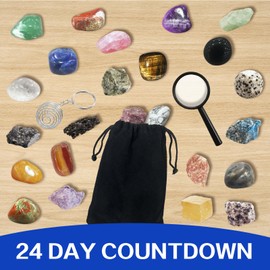 Crystal Advent Calendar 2024, 24 Day Christmas Countdown Calendar, Crystals and Healing Stones Natural Gemstones Collection Rocks Minerals Scientific with Magnifying Glass Keychain, Christmas Gift for Kids Boys Girls Men