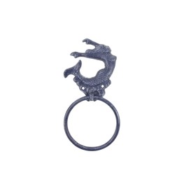 Handcrafted Nautical Decor Rustic Dark Blue Cast Iron Arching Mermaid Towel Holder 9"