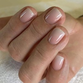 Extra Short French Gradient Fake Nails - Petite Acrylic False Nails with Nude Designs - Best Press On Nails Gloss Artificial Nails for Women Girls Manicure