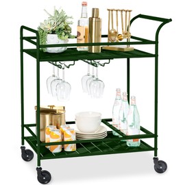 Best Choice Products Outdoor Mobile Patio Bar Cart, Home Bar Serving Cart, BBQ Side Table w/ 2 Tier Storage, Wine Rack, Lockable Wheels - Deep Green