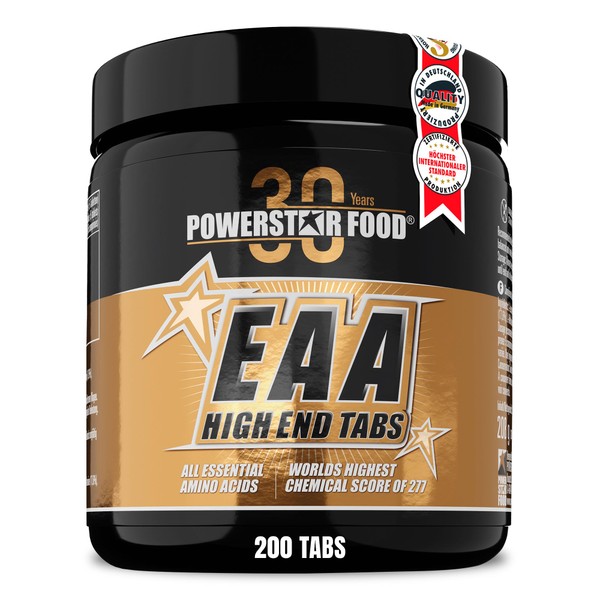 Powerstar EAA High End Tabs | 200 Tablets with All 8 Essential Amino Acids | Highest Chemical Score 277 | Made in Germany | Amino Complex High Dose Vegan | Reference Protein of WHO&FAO