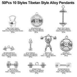 Ornazy 50 pcs 10 Styles Wholesale Bulk Lots Sports Charms Antique Silver Gym Dumbbell Charms for Jewellery Making Necklace Bracelet and Crafting
