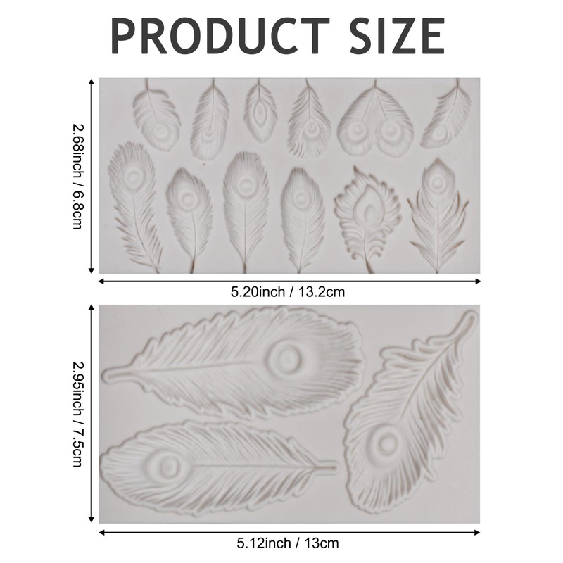 2 Pcs Peacock Feather Silicone Fondant Mold for Cupcake Topper