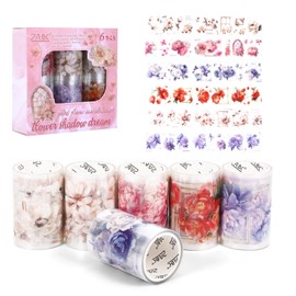 GENZYRE 6 Rolls Floral Washi Tape Set Vintage Washi Sticker Roll Rub on Scrapbook Sticker Set Flowers Glitter Washi Tape for Scrapbooking Journaling Crafts Gifts DIY for Flowers Loves