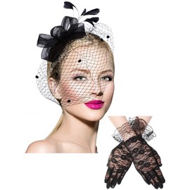 Boao Fascinator Hat for Women Feather Funeral Veil Hat Tea Party Derby Headband and short Floral Lace Gloves(Adult,Black)