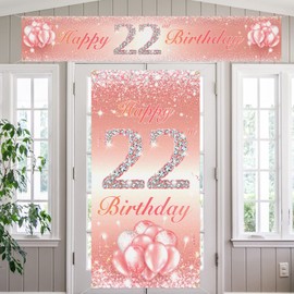 Happy 22nd Birthday Door Cover Porch Long Banner Sign Set 22 Years Old Birthday Decoraions Party Supplies for Girls Rose Gold