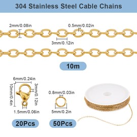 SUNNYCLUE 32.8 Feet/10M Gold Cable Chain 3mm Oval Chain Necklace Bulk Roll Satellite Chains with Jump Ring and Lobster Clasps Link Chains Kits for Jewellery Making Necklaces Bracelets Pendants Crafts