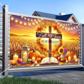 BlissYard Fall Thanksgiving Party Backdrop Banner He Never Leaves Photography Background Fall Maple Leaves Pumpkin Outdoor Banner 71x43 Inchs Autumn Thanksgiving Party Decoration