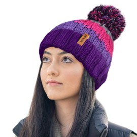 RockJock R80 Thermal Insulating Striped Beanie Bobble Hat with Cosy Fleece Lining-Purple/Pink