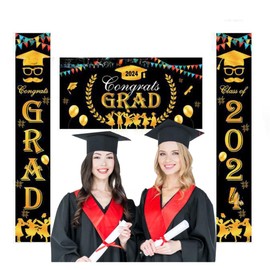 2024 Graduation Party Decorations，3 Pieces Graduation Banners Party Backdrop Door Sign Welcome Hanging Decoration for Photo Party Wall Decoration Door Yard (black)