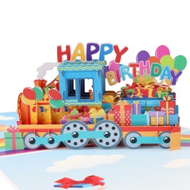Magic Ants 3D Pop-Up Birthday Card with Cartoon Train – Brightly Colored Train with Balloons and Gifts – Fun Birthday Greeting Card for Kids and Train Lovers – Includes Envelope
