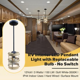 RV Interior LED Pendant Light with Replace LED Edison Bulb Wood Pattern Round Shade for 12v RV Coach Dinette, Kitchen Island, Ceiling Light Fixture Matte Black, 3500K, 21inch, No Switch