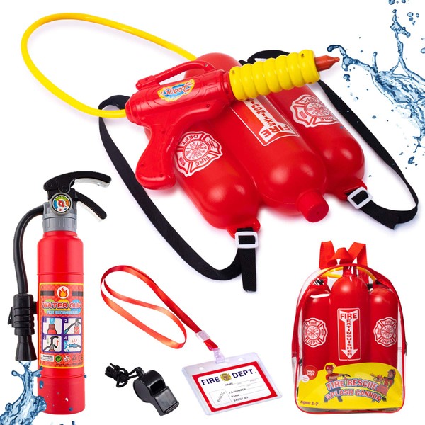 Born Toys 5 Piece Premium Firefighter Water Gun Toy Set and fire Toy Extinguisher. for Fireman Costume, Outdoors, Pools, Summer,Beach,Bath and Halloween.Includes Bag