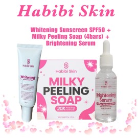 Habibi Skin Milky Peeling Soap + Whitening Sunscreen SPF50 + Brightening Serum