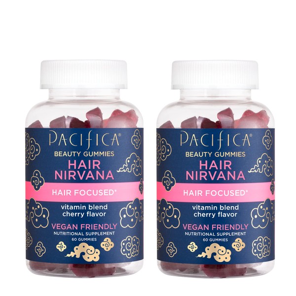 Pacifica Beauty Nirvana Gummies Supplement for Hair Support, Wheat, Soy + Gluten Free, Vitamin E, C, Biotin, Vegan & Cruelty Free, Red, Cherry, 60 Count, Pack of 2