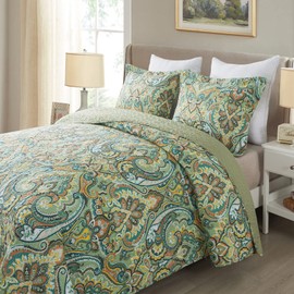 NEWLAKE Cotton Bedspread Quilt Sets-Reversible Patchwork Coverlet Set, European Green Floral Pattern, Queen Size