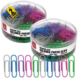 1InTheOffice Paper Clips Medium, Colored Paper Clips, Coated Paper Clips, Assorted Color, 1,000 Paper Clips/Pack, 2 Pack