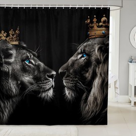 Feelyou - Cortina de baño de león de 72 x 72 pulgadas, cortina de ducha con estampado de corona dorada para niños y niñas, juego de cortina de ducha con estampado de safari, color negro y accesorios