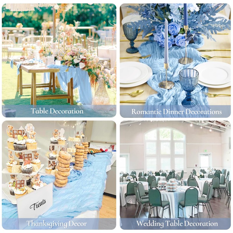 3 Pack Baby Blue Table Runner Boho Gauze Cheesecloth Table